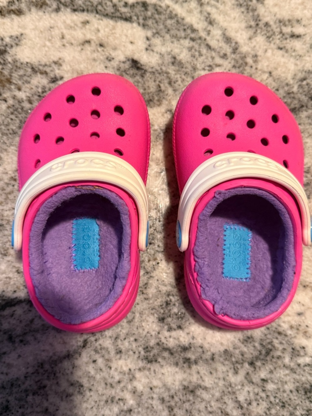 CROCS Kids Pink Clog with Purple Lining and White Heel Strap